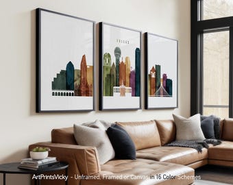 Dallas 3 Piece Wall Art Prints, Dallas Skyline Poster Set | ArtPrintsVicky