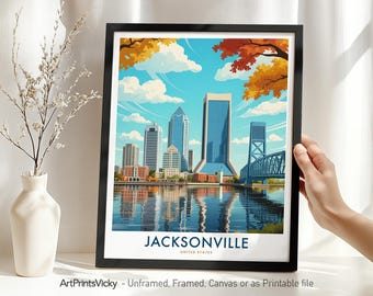 Jacksonville Travel Poster - Florida Skyline Art Print | Cityscape Wall Art for Home or Office Decor | Housewarming Gift