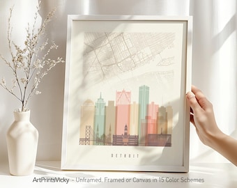 Detroit City Map Print with Skyline in Pastels | ArtPrintsVicky
