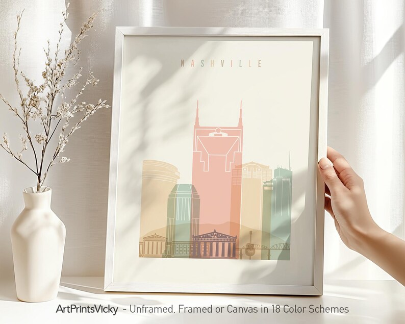 Nashville Modern City Print in Warm Pastels, Vertical, Framed, Unframed or Canvas | ArtPrintsVicky