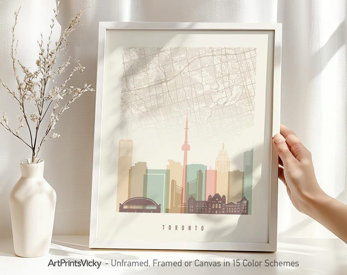 Featured listing image: Toronto Map Poster | City Map with Skyline Print in Pastel Hues | ArtPrintsVicky