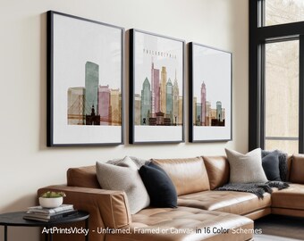 Philadelphia 3 Piece Wall Art Prints, Watercolor Skyline Poster Set | ArtPrintsVicky