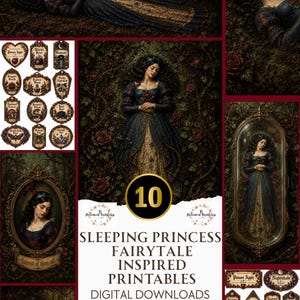 May include: A digital collection of 10 sleeping princess fairytale inspired printables featuring illustrations of a woman in a blue and gold gown, ornate frames, and potion labels with text including Poison Apple, Nightshade, and Witch's Brew.