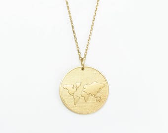 World Map Medallion Necklace / Map Disc Necklace / Globe Necklace/ Adventurer Necklace/ WanderLust Jewelry/ Custom Disc Pendant