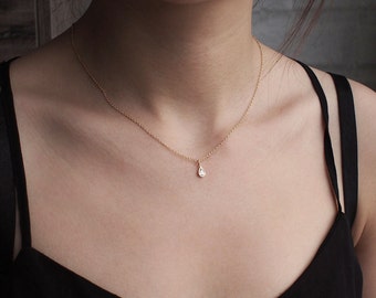 Dainty CZ Drop Necklace, Minimalist Necklace, Simple Layering Necklace in Sterling Silver