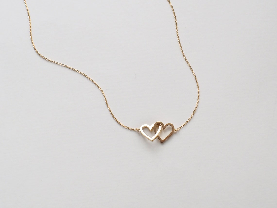 Simple Double Heart Necklace Dainty Heart Link Necklace Etsy