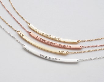 Custom Curved Bar Necklace, Personalized Engraved Name Plate Necklace, Custom Name Bar - Medium Skinny Curve Bar Necklace