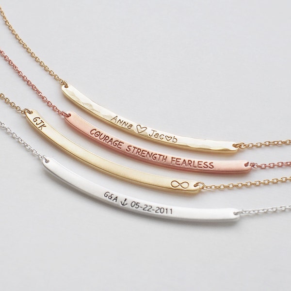 Custom Curved Bar Necklace, Personalized Engraved Name Plate Necklace, Custom Name Bar - Medium Skinny Curve Bar Necklace