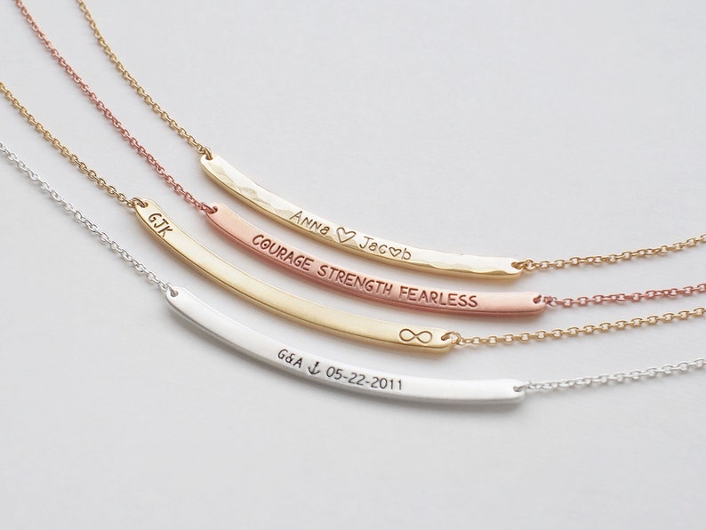 Bar Necklace, Personalized Engraved Name Plate Necklace, Custom Name Bar, Family Name Jewellery - Medium Skinny Curve Bar Necklace #D3.40C 