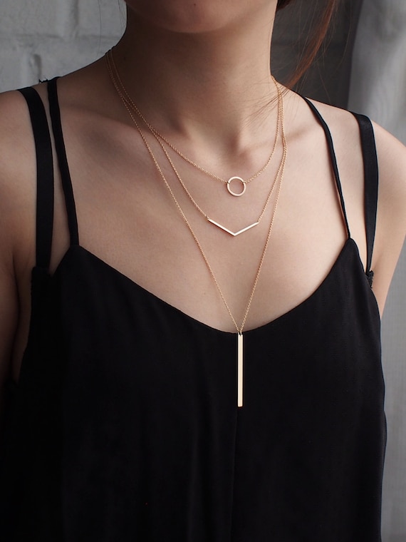 Geometric Layering Necklaces, Personalized Bar Necklace/ Set of 3 Silver,  Gold, Rose Gold Minimalist Layered Jewelry 