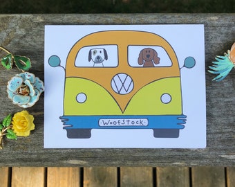 Orange and green Dog VW bus woofstock  birthday card