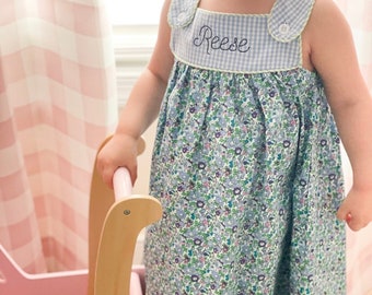 Toddler Dress,Gingham and Floral Dress, Girls Dress, Floral, Baby Dress, Personalized Dress, Embroidered Dress, Spring Outfit, 3m-10yr