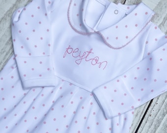 Personalized Baby Girl Outfit- Picot Collar- Polka dots-Baby Girl Coming home outfit-monogrammed girl outfit-sleeper