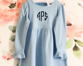 Monogrammed dress-Girls dress personalized- Ruffle Sleeve- Cotton dress- Matching Sisters Outfit