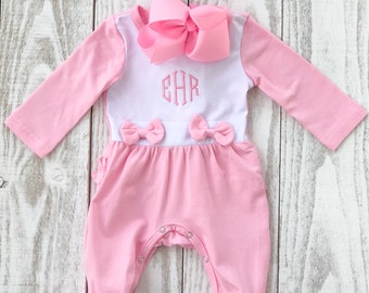 Personalized Baby Girl Outfit- Baby Girl Coming home outfit-monogrammed girl outfit-Ruffle bottom sleeper