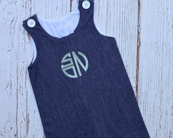 Boys Monogrammed Shortall- Jon Jon- Baby Romper-faux denim- monogrammed-baby boy- toddler monogrammed outfit