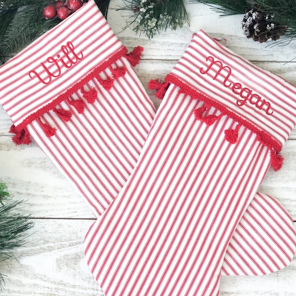 Personalized Stocking, Monogrammed Stocking, Red Stripe with Red Tassels Stocking- Christmas Stocking- Embroidered-Candy Cane Stripe