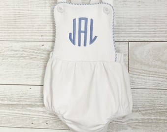 Sun Suit,Boys,  Monogrammed, Gingham Trim, Boys Sun Suit, Embroidered, Personalized Sun Suit, White, White and pink gingham