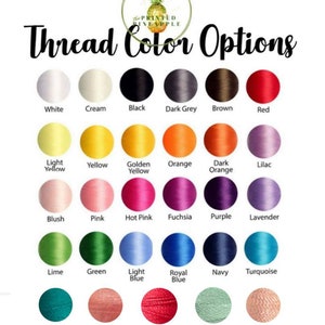May include: A chart displaying 25 different embroidery thread colours. The colours are arranged in rows and labelled with their names, such as white, cream, black, dark grey, brown, red, light yellow, yellow, golden yellow, orange, dark orange, lilac, blush, pink, hot pink, fuchsia, purple, lavender, lime, green, light blue, royal blue, navy, turquoise, aqua, coral, poppy, mint, and peach.