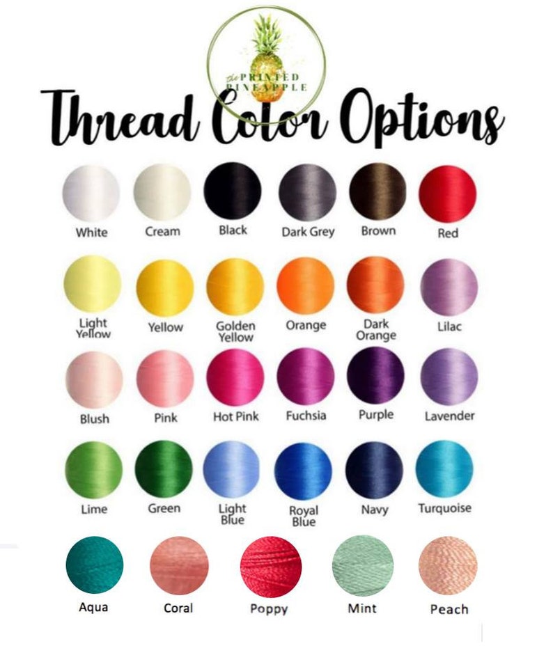 May include: A chart displaying 25 different embroidery thread colours. The colours are arranged in rows and labelled with their names, such as white, cream, black, dark grey, brown, red, light yellow, yellow, golden yellow, orange, dark orange, lilac, blush, pink, hot pink, fuchsia, purple, lavender, lime, green, light blue, royal blue, navy, turquoise, aqua, coral, poppy, mint, and peach.