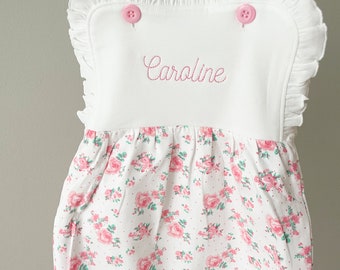 Sun Suit, Monogrammed,Floral, Ruffled Girls Sun Suit, Embroidered, Personalized Sun Suit, White, White and pink, Summer