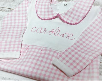 Personalized Baby Girl Outfit- Picot Collar- Gingham-Baby Girl Coming home outfit-monogrammed girl outfit-sleeper