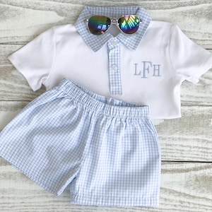 Boys monogrammed short set-Boys pull on short set- Boys polo short set- gingham- 12m/18m/2T/3T/4T/5T/6