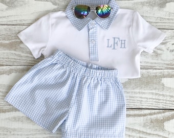 Boys monogrammed short set-Boys pull on short set- Boys polo short set- gingham- 12m/18m/2T/3T/4T/5T/6