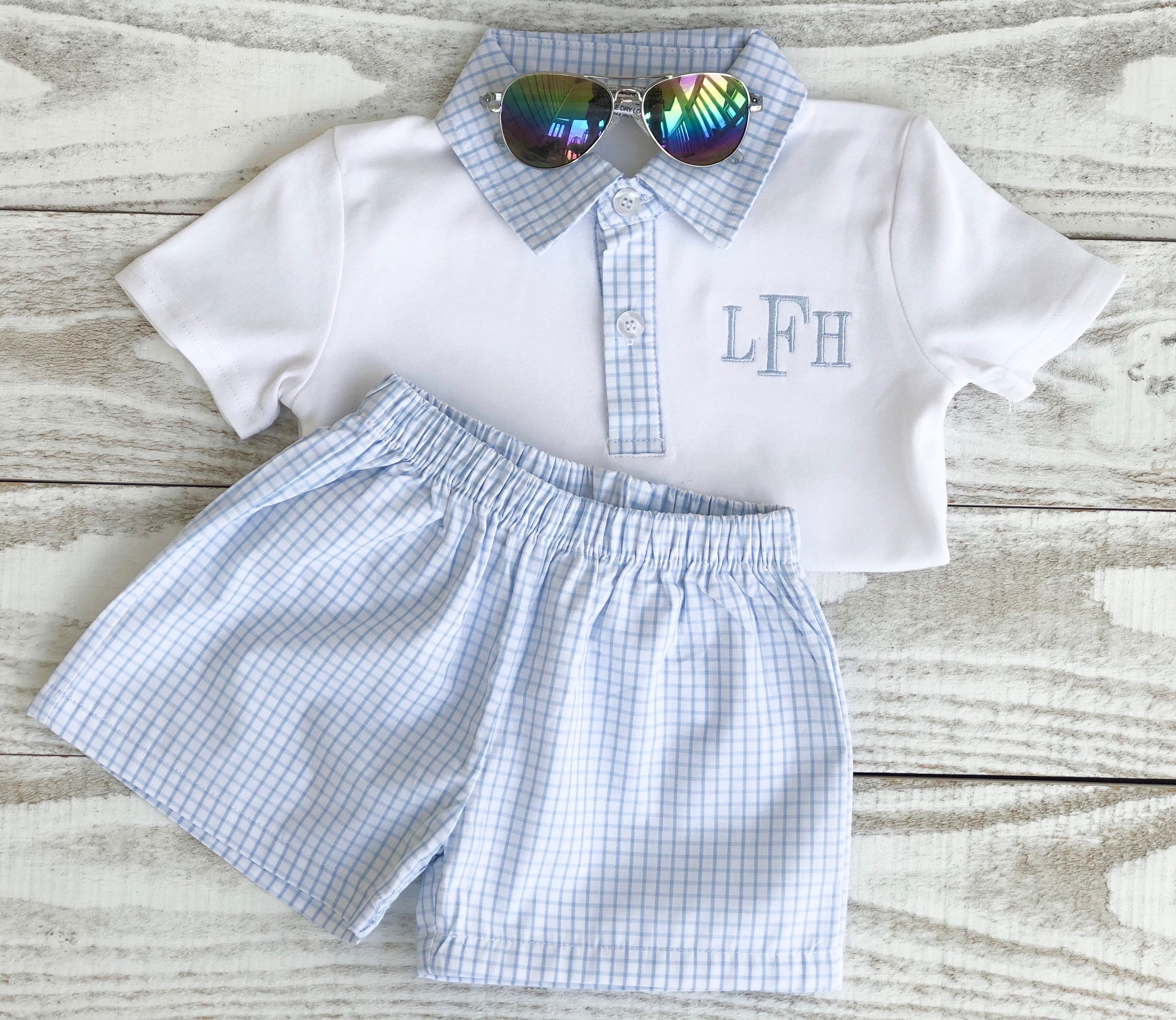 Boys monogrammed short set-Boys pull on short set- Boys polo short set- gingham- 12m/18m/2T/3T/4T/5T/6