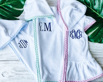 Girls Coverup-Toddler Coverup- Baby Girl Coverup- Monogrammed coverup- Ruffle bottom- Hooded coverup-Full zip-Terry Cloth- Multiple Colors