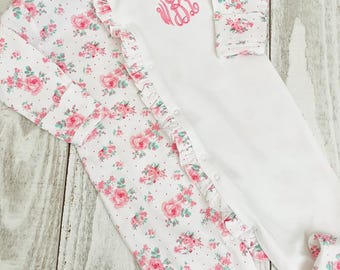 Personalized Baby Girl Outfit- Floral Ruffle- Monogram-Baby Girl Coming home outfit-monogrammed girl outfit-sleeper