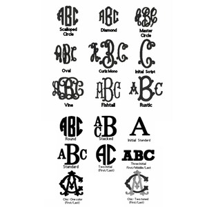 May include: A chart displaying various monogram styles, such as Scalloped Circle, Diamond, Master Circle, Oval, Curtz Mono, Initial Script, Vine, Fishtall, Rustic, Round, Stacked, Initial Standard, Standard, Two Initial (First/Last), Three Initial (First/Middle/Last), Chic-One colour (First/Last), and Chic-Two toned (First/Last).