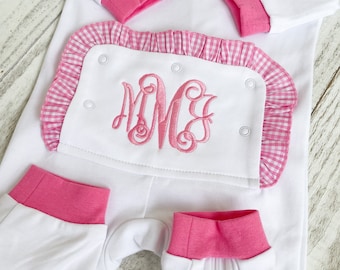 Christmas Pajamas,PINK or RED, Monogramed, Girl, Ruffled, Drop Flap Pajamas, Christmas Pajamas, Gingham,Drop Seat,Butt Flap Pajamas