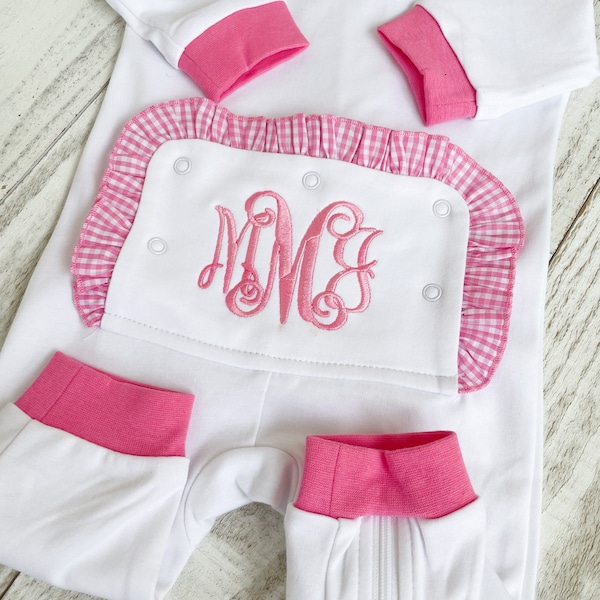 Girls Drop Flap Pajamas, Christmas Pajamas, Gingham,Drop Seat,  Ruffle Baby Monogrammed Pajamas, Butt Flap Pajamas, Monogrammed Girls