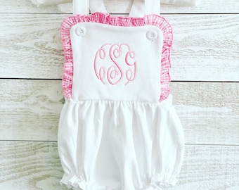 Sun Suit, Monogrammed, Gingham Trim, Girls Sun Suit, Boys Sun Suit, Embroidered, Personalized Sun Suit, White, White and pink gingham