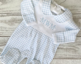 Personalized Baby Boy Outfit- Peter Pan Collar- Gingham-Blue and white checked-Baby Boy Coming home outfit-monogrammed boy outfit-sleeper