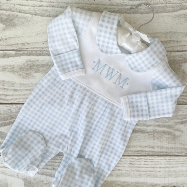 Personalized Baby Boy Outfit- Peter Pan Collar- Gingham-Blue and white checked-Baby Boy Coming home outfit-monogrammed boy outfit-sleeper
