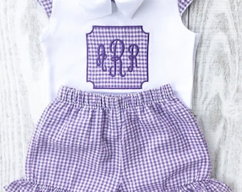 Girls Gingham Short Set- Appliqué Shirt-Monogram Shirt-Ruffle Shorts-12m, 18m, 2t, 3t, 4, 5, 6, 8, 10