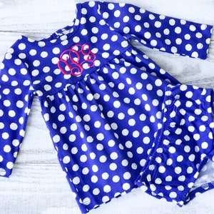 Monogrammed Dress, Baby girl outfit, Dress & Diaper Cover Monogrammed-Blue Polka Dots, Toddler dress, Baby girl Monogram-0-24M-