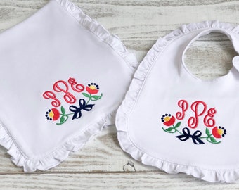 Monogrammed Baby Bib, Monogrammed burp cloth set, baby girl personalized gift
