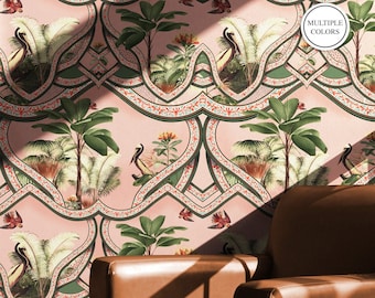 Dusty Rose Art Deco Wallpaper - 1920s Maximalist Removable Peel and Stick Wallpaper, Pink Wallpaper, Colorful Tropical Floral and Birds