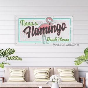Rustic Pink Flamingo Backyard Custom Vinyl Banner Last Name Sign for Beach House Garden Decor Coastal Farmhouse Patio Wall Art Vintage Print