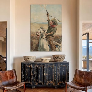 Heading Stampede Western Cowboy Decor  - Wild West Cowboy on Horse Canvas Art, Large Print Rustic Nursery, Painted Cowboy Vintage Gallery