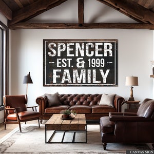 Puede incluir: Un letrero de lona negro r&uacute;stico con texto blanco que dice "Spencer Est. & 1999 Family". El letrero est&aacute; colgado en una pared en una sala de estar con un sof&aacute; de cuero marr&oacute;n, dos sillas y una mesa de caf&eacute;.