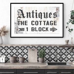 Antiques The Cottage White Poster Print - Vintage Farmhouse Prints, Cottagecore Art Home Living Posters Rustic Farm Sign Gallery Wall Prints