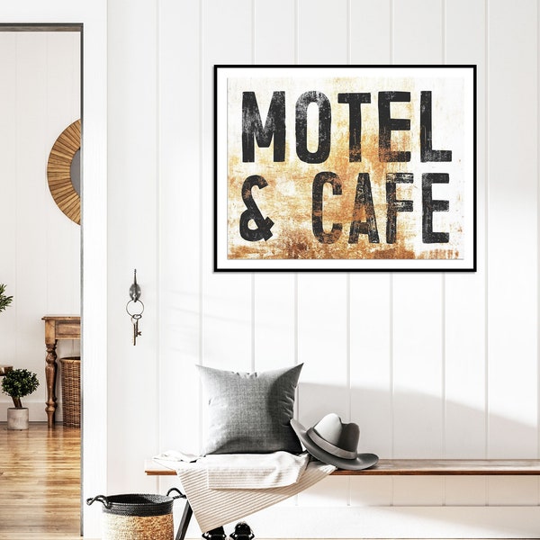 Rustic Motel and Cafe Poster Print - Bar Wall Art Lounge Signage - Boho Hippy Decor - Metal Inspired Gallery Art Print Farmhouse Style Signs