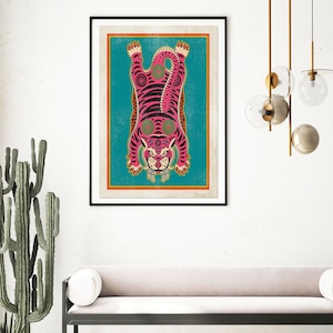 Moody Pink Tiger Print Art, Tibetan Tiger Rug Art Poster Print, Boho Hippie Gallery Wall Art , Colorful Cat Lover Gift, Dopamine Decor