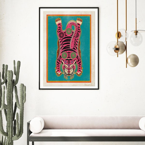 Moody Pink Tiger Print Art, Tibetan Tiger Rug Art Poster Print, Boho Hippie Gallery Wall Art , Colorful Cat Lover Gift, Dopamine Decor