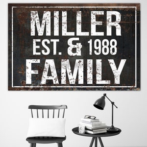 Puede incluir: Un letrero de metal negro y blanco con un aspecto desgastado y oxidado. El letrero dice "MILLER EST. & 1988 FAMILY".