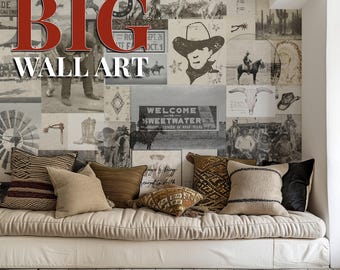 May include: A collage-style wall mural with a Western theme, featuring vintage images of cowboys, horses, and the text "BIG WALL ART." The design includes a variety of sepia-toned images, a welcome sign, and a collection of decorative pillows.